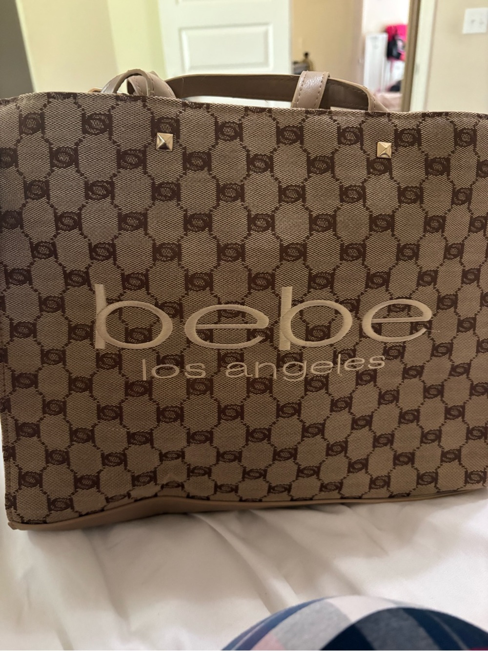 bebe Beige Logo Canvas Shopper Tote